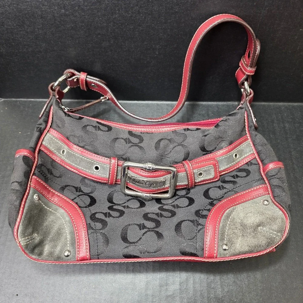 Sophia Caparelli Black‎ Red Monogram Canvas Shoulder Bag Y2K Buckle Hobo Purse